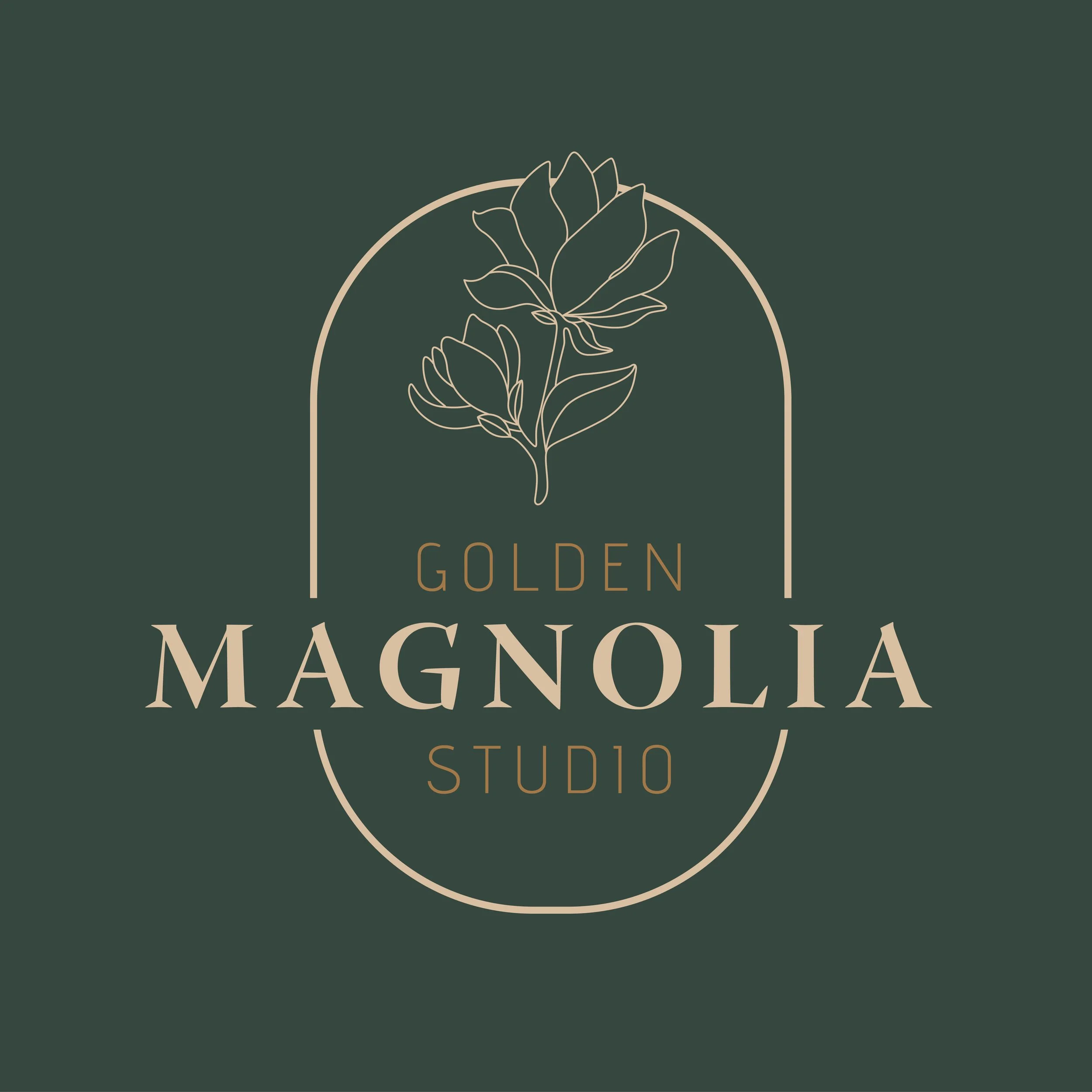 Logo for Golden Macnolia Studio featuring a minimalist line drawing of a magnolia flower inside a circle on a dark green background.