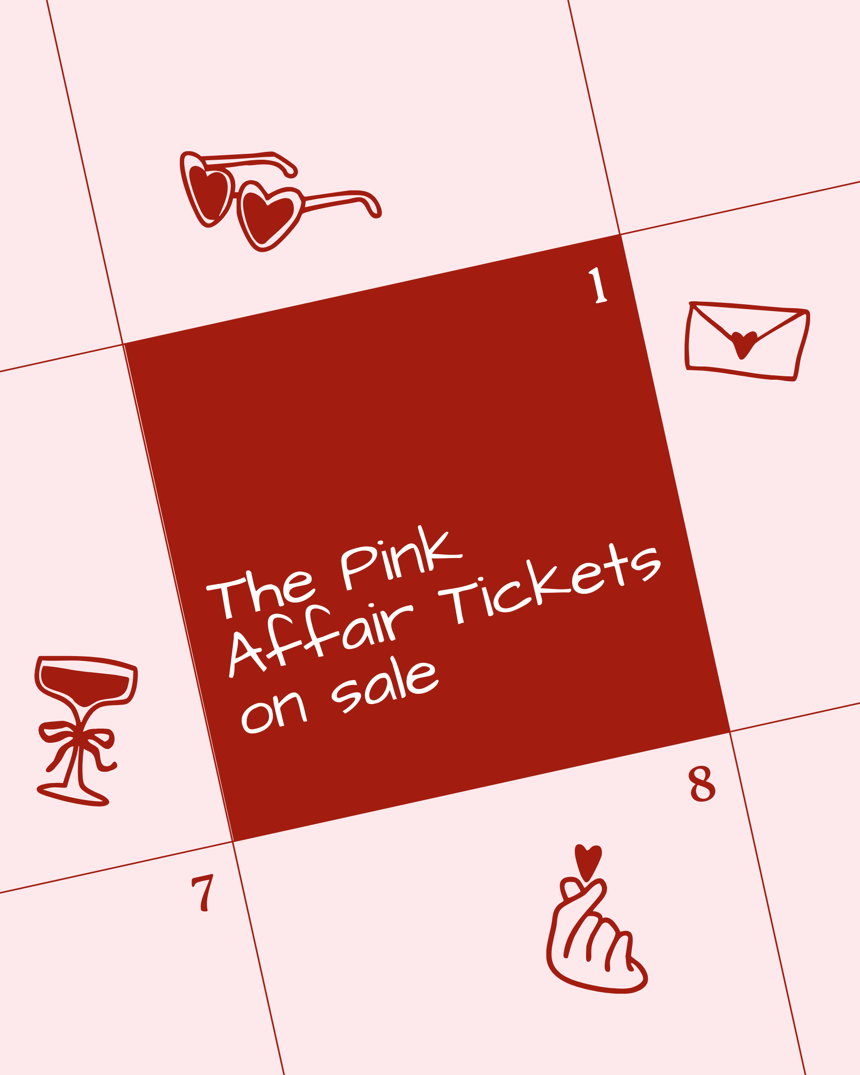 A calendar with the text 'The Pink Affair Tickets on sale' in white on a red square background, surrounded by playful icons such as heart-shaped sunglasses, a wine glass with a bow, an envelope with a heart, and a hand holding a small heart.