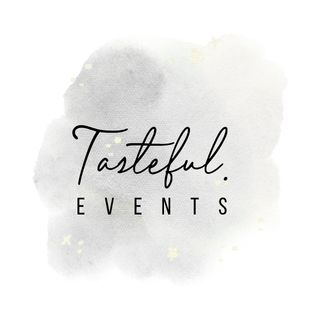 Logo with the words 'Tasteful Events' on a light watercolor background