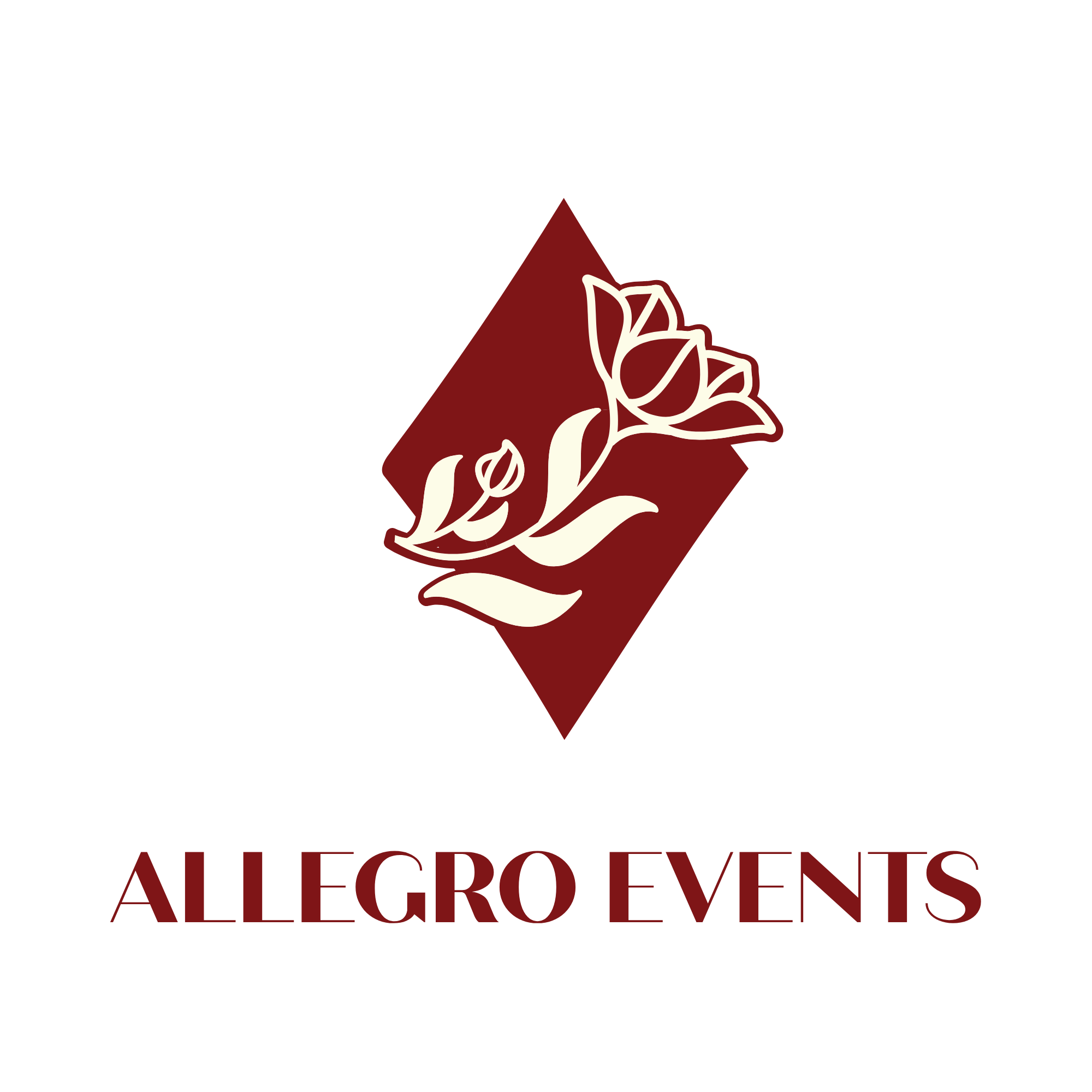 Logo for Allegro Events featuring a maroon triangle with a white outline of a flower, and the company name written in maroon and white text.