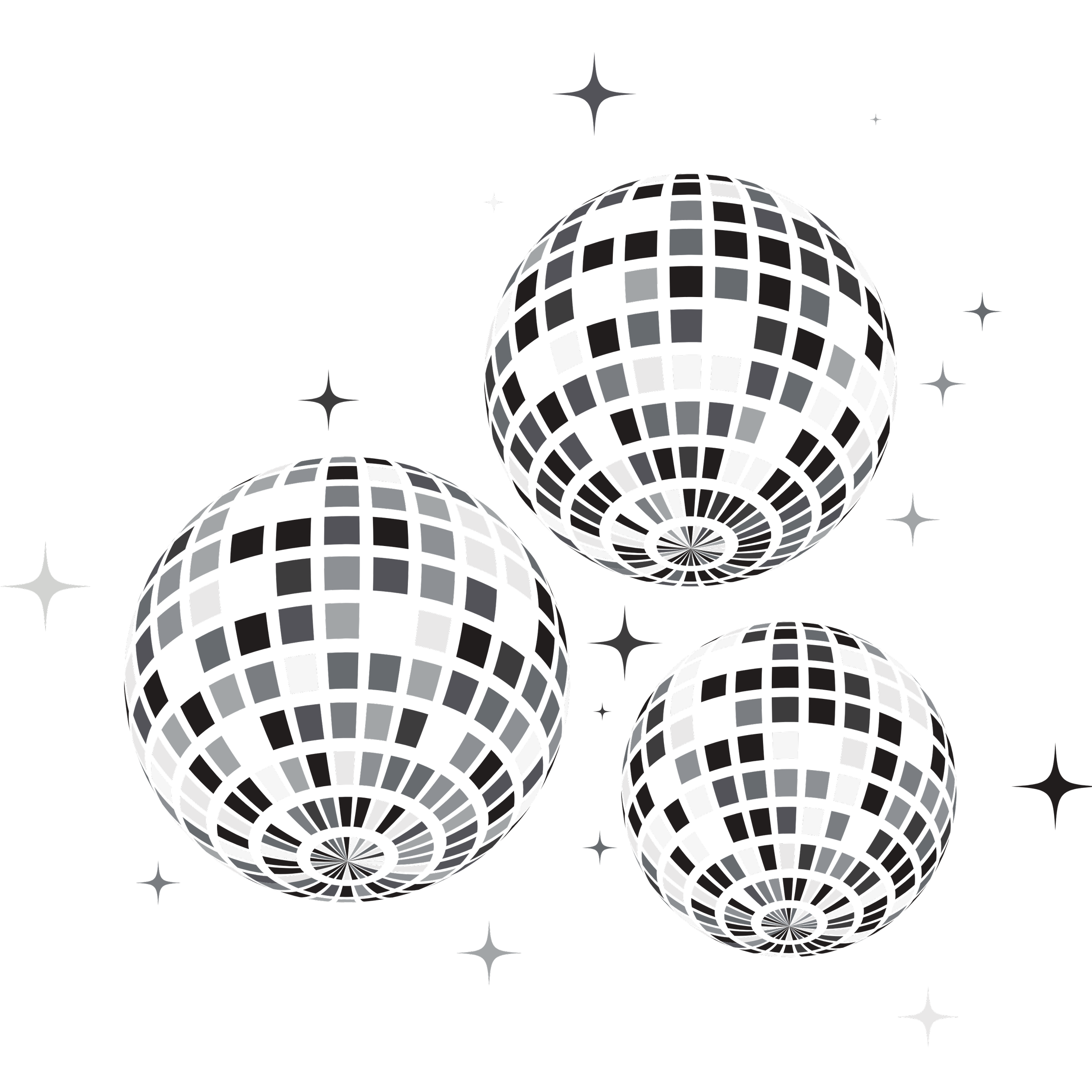 Three disco balls hanging against a black background with star-like sparkles.