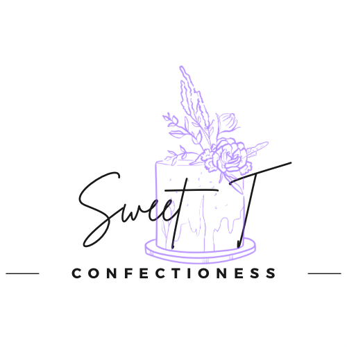 A minimalist logo for "Sweet Confectioness" featuring a line drawing of a flower arrangement in a pot with handwritten-style text."Sweet" and "T" intertwined with the illustration.