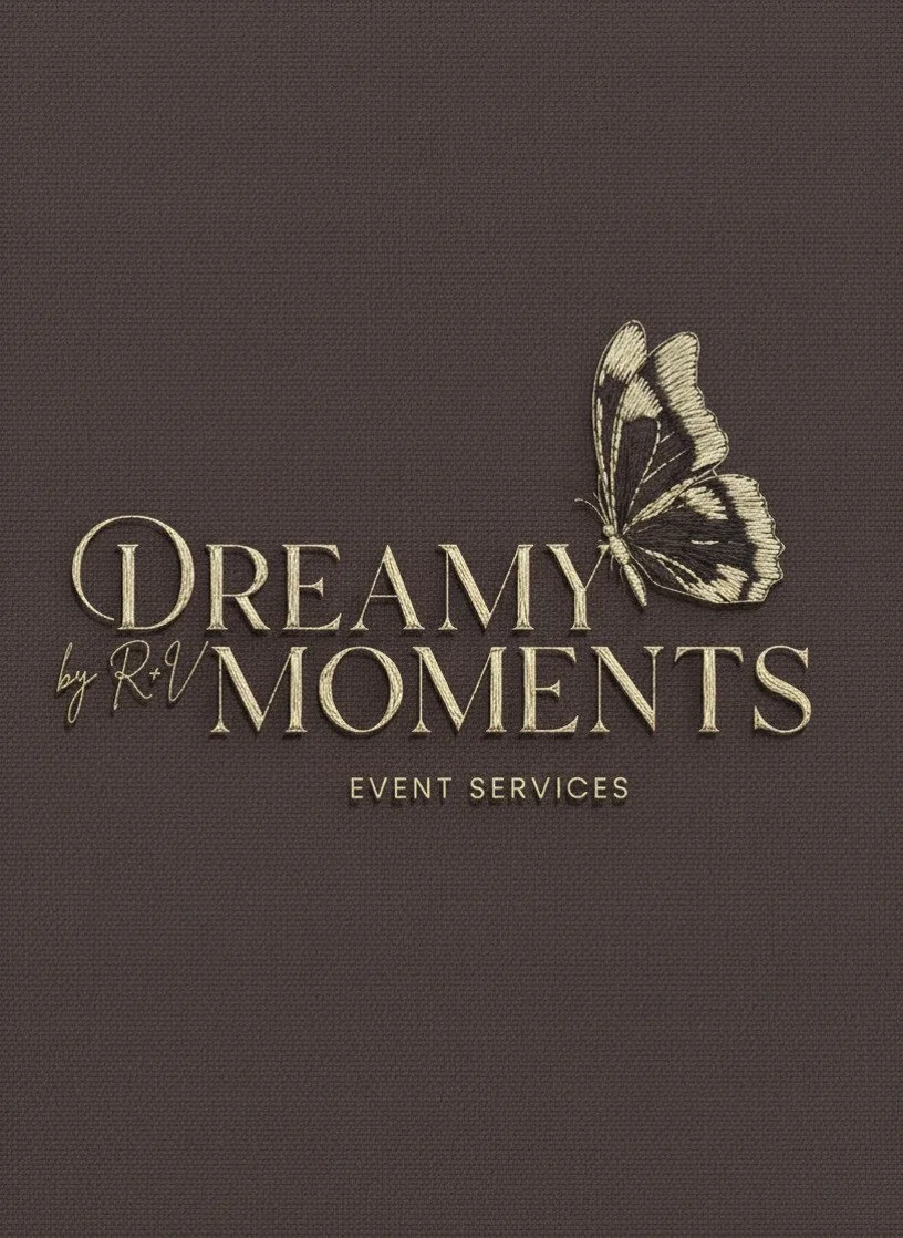 Brown textured background with the words "Dreamy Moments by R.V. Event Services" and a black and white butterfly above the word "Moments".