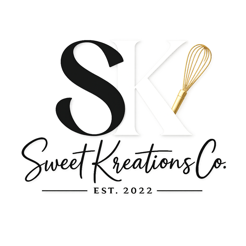 Logo for SK Sweet Kreations Co., established in 2022, with black and white lettering, a gold whisk, and a baking theme.