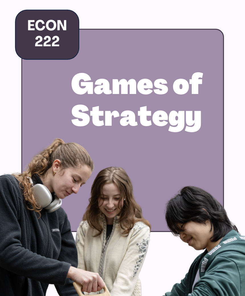 Group of three young women engaging in a strategy game or activity with a purple sign that says 'Games of Strategy' and a course label 'ECON 222' in the upper left corner.