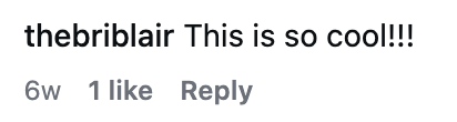Screenshot of a social media comment praising 'thebriblair' as cool, with 6 weeks elapsed and one like.