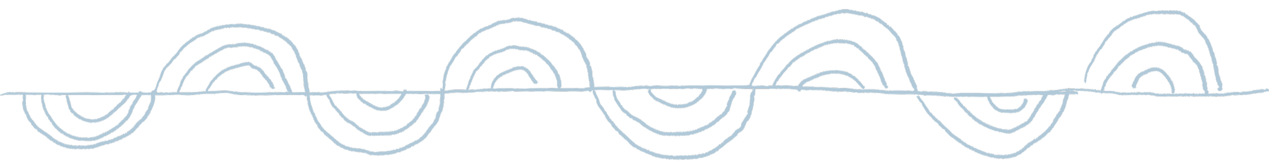 Line drawing of four stylized waves or storm clouds, each with concentric circles, on a black background.