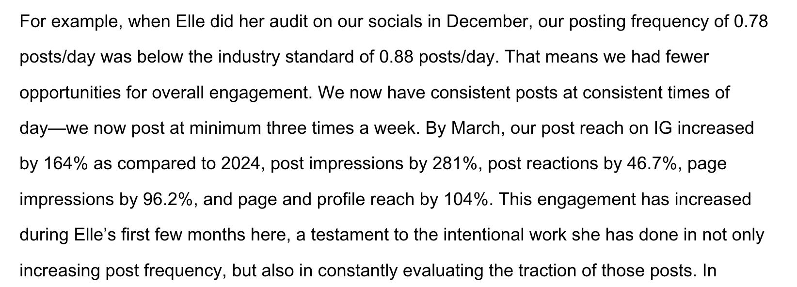 Screenshot of a paragraph discussing social media engagement metrics and growth over time.