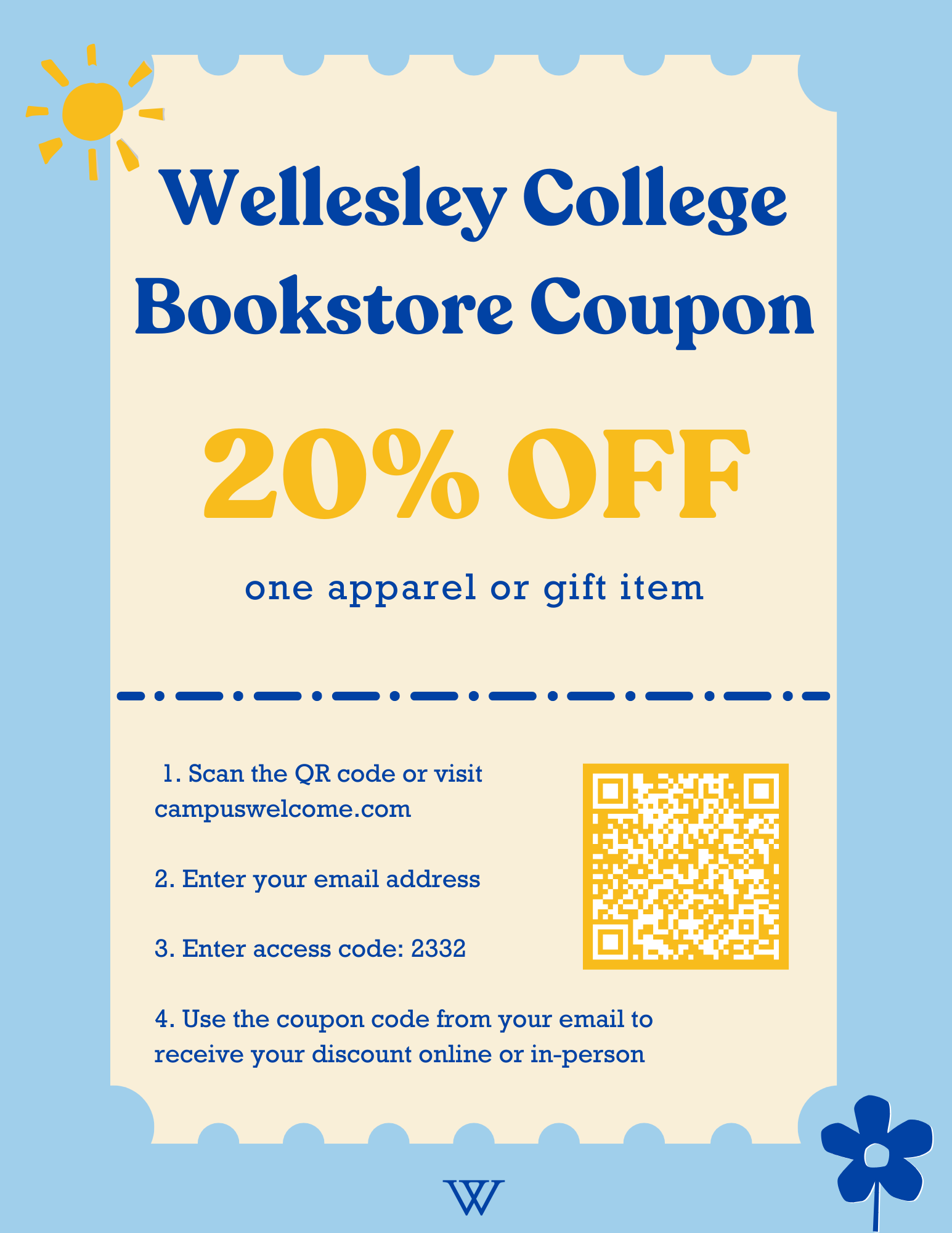 Wellesley College bookstore coupon offering 20% off one apparel or gift item, with instructions to scan QR code or visit campuswelcome.com, and enter email and access code 2332.
