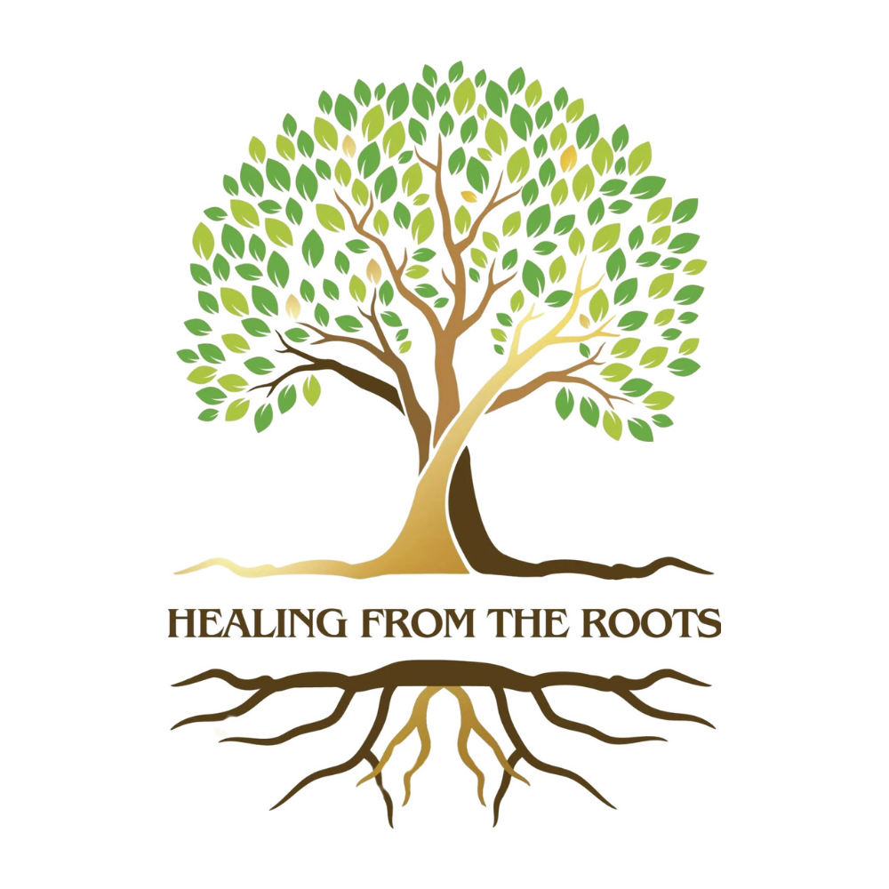 A stylized tree with green leaves and brown branches and trunk. Beneath the tree, the roots are visible and the phrase "Healing from the Roots" is written in brown text.