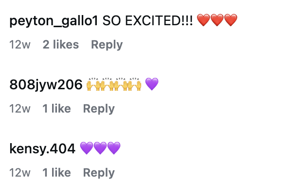 Screenshot of an Instagram comment section showing three comments with expressions of excitement and purple heart emojis.