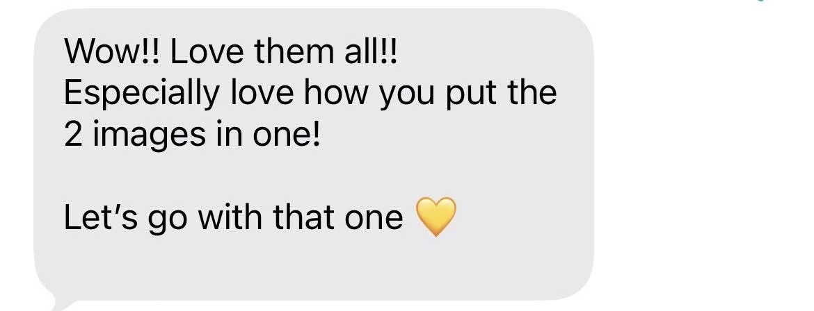 A screenshot of a text message expressing admiration for a collage of two images combined into one.