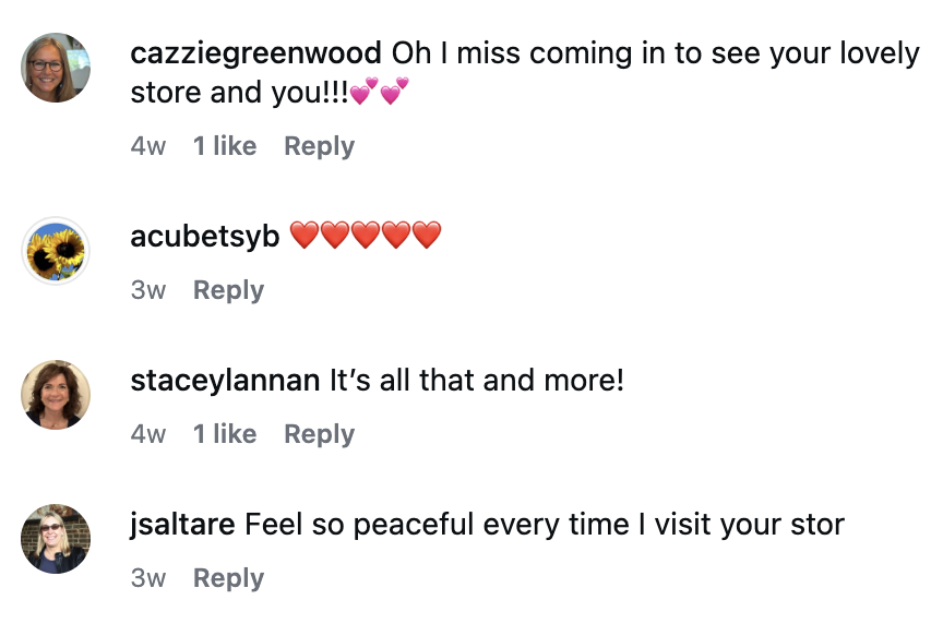 Screenshot of a Facebook comment section with four comments praising a store, including heart emojis and expressions of peaceful feelings.