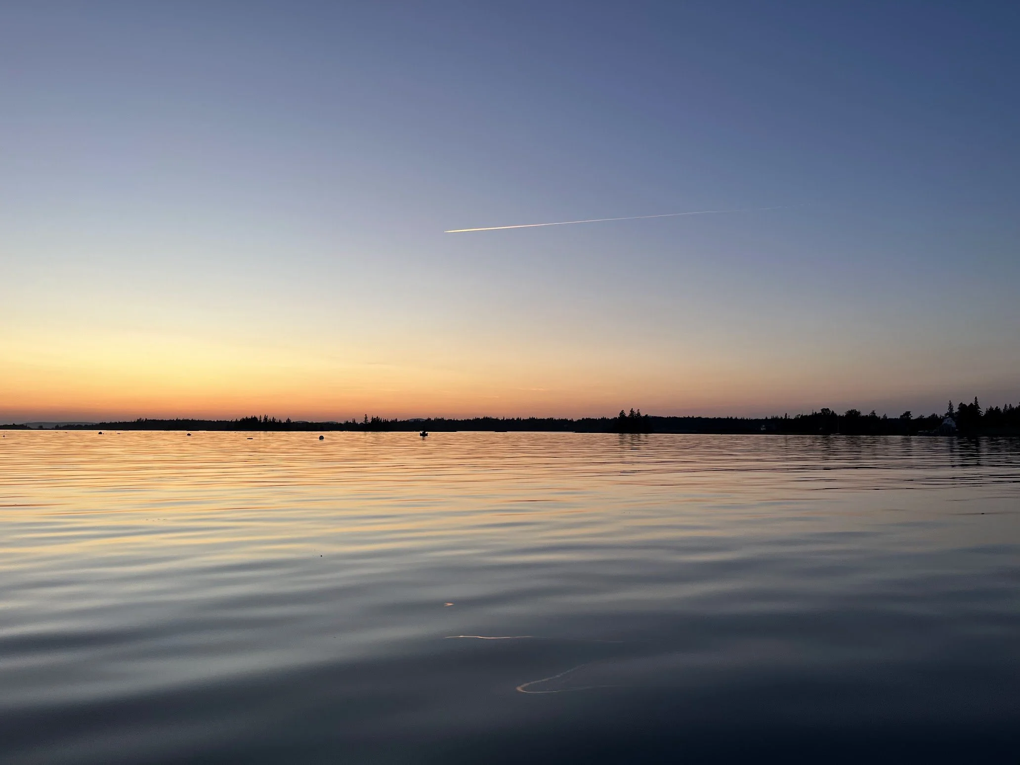 A calm lake at sunset with a clear sky, a contrail in the upper right, and distant land with trees on the horizon.