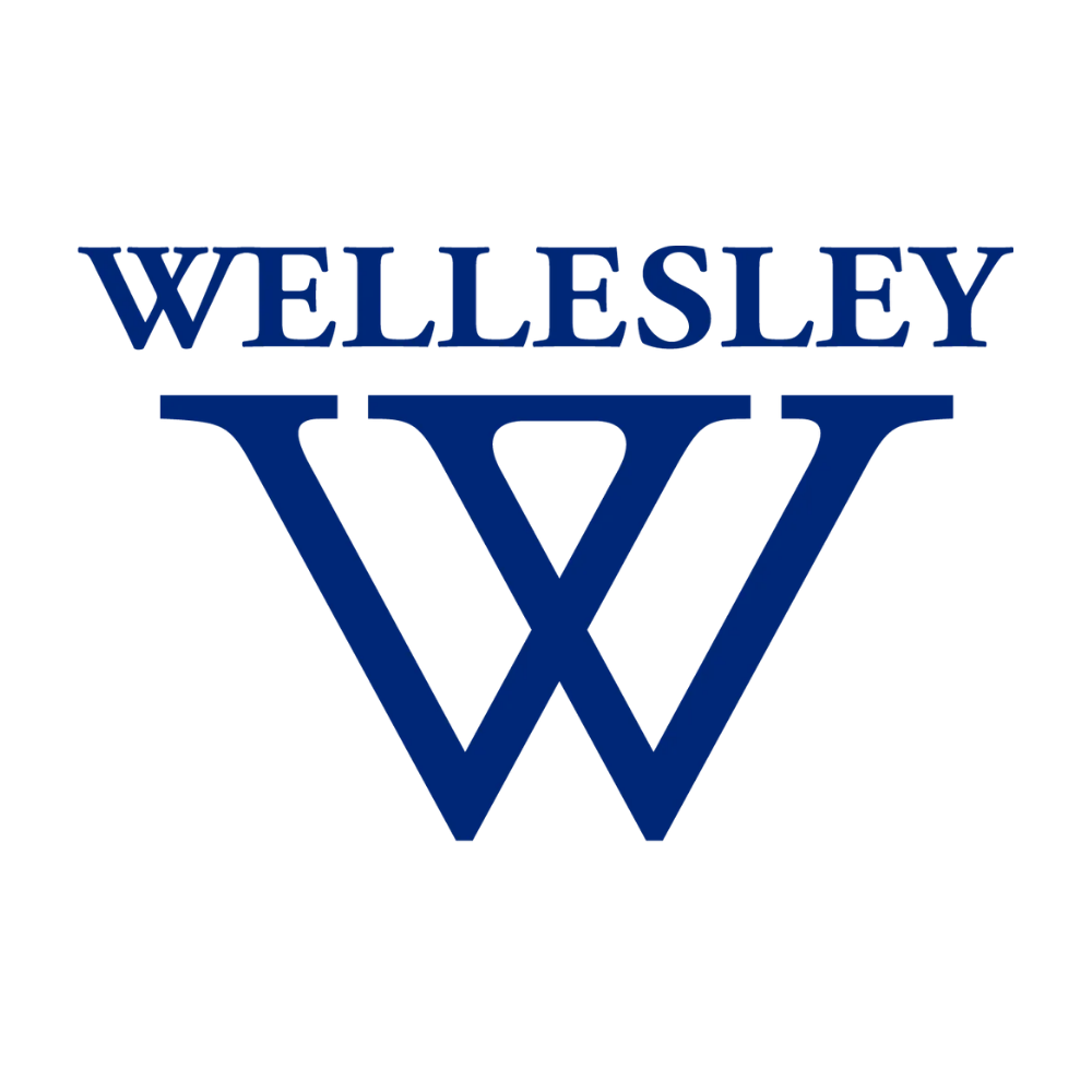 Wellesley College logo with a stylized blue 'W' and 'Wellesley' written above.