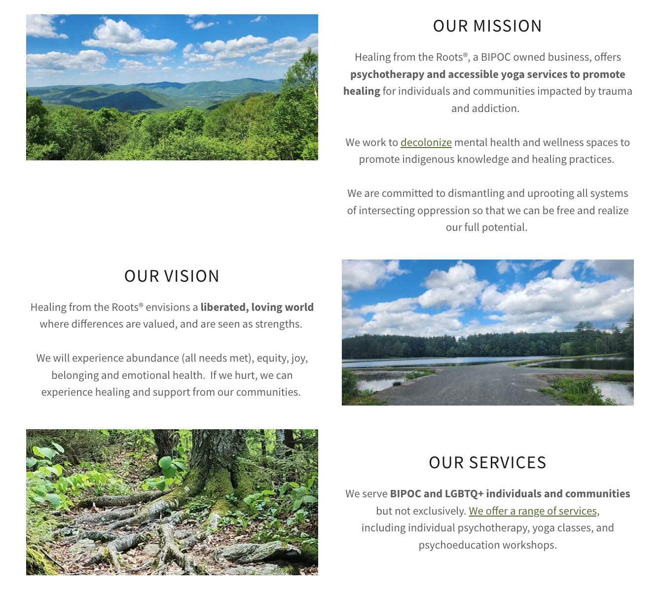 Images of natural landscapes include a lush green forest, a river or lake with a dirt road, and a mountainous scene with a partly cloudy sky.