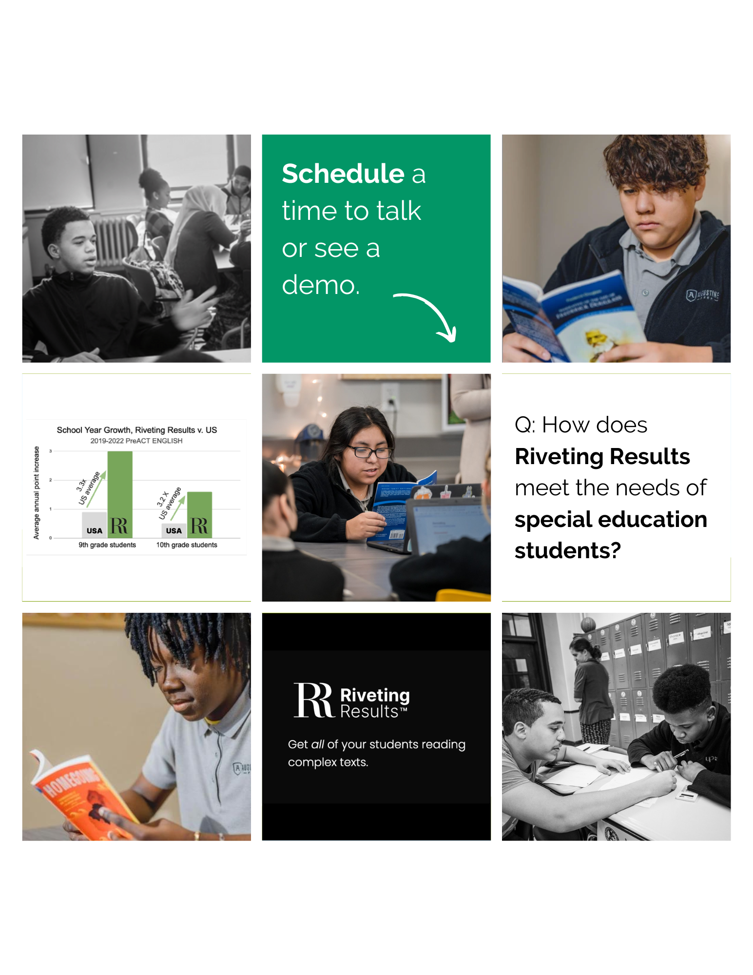 A collage of images featuring diverse students in classroom settings. Text overlay promotes scheduling a demo for Riveting Results software to help improve reading comprehension for students.