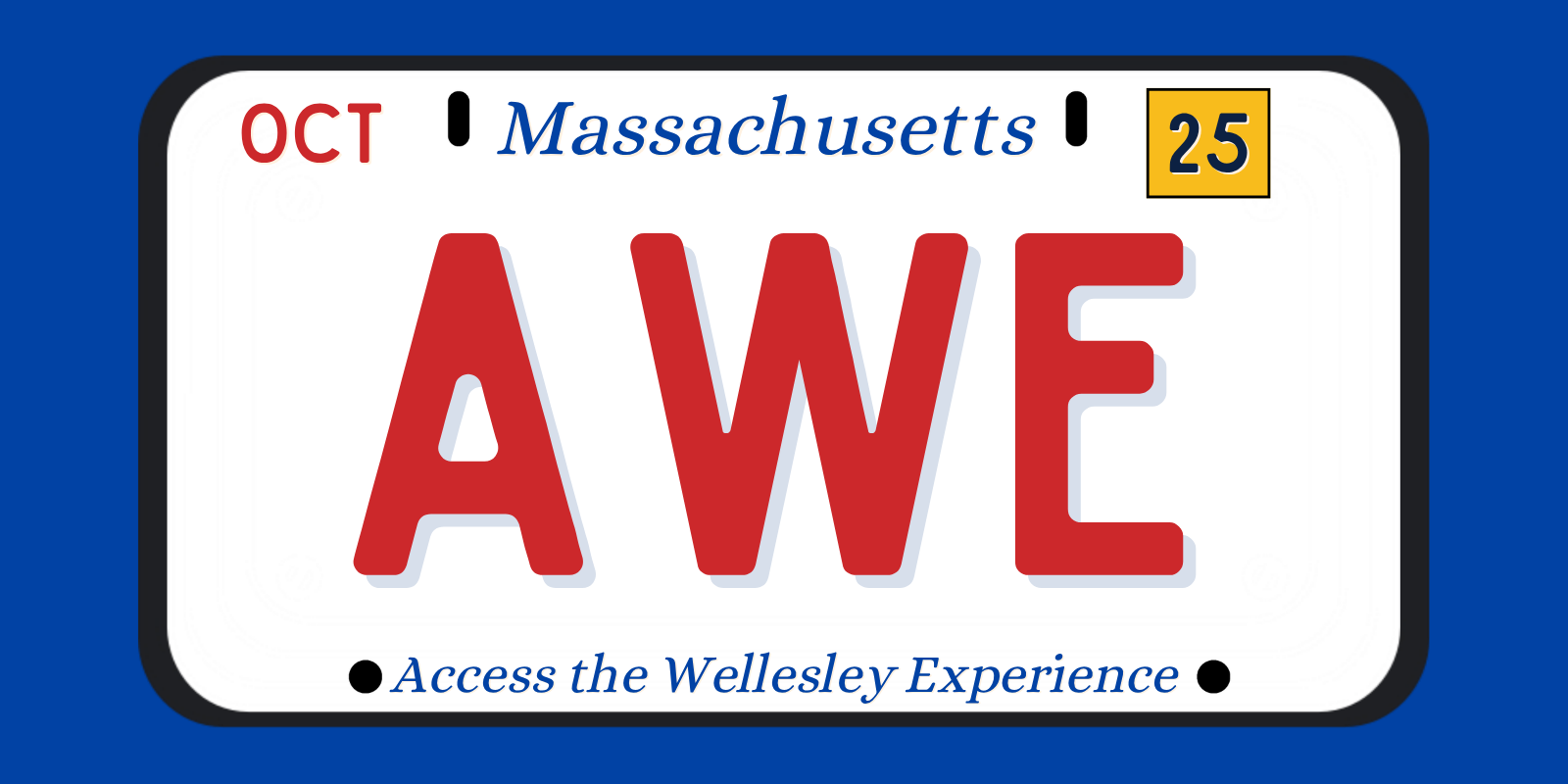 A license plate with the words "AWESOME" in large red letters, from Massachusetts, with an October expiration date of 25, and the tagline "Access the Wellesley Experience" at the bottom.