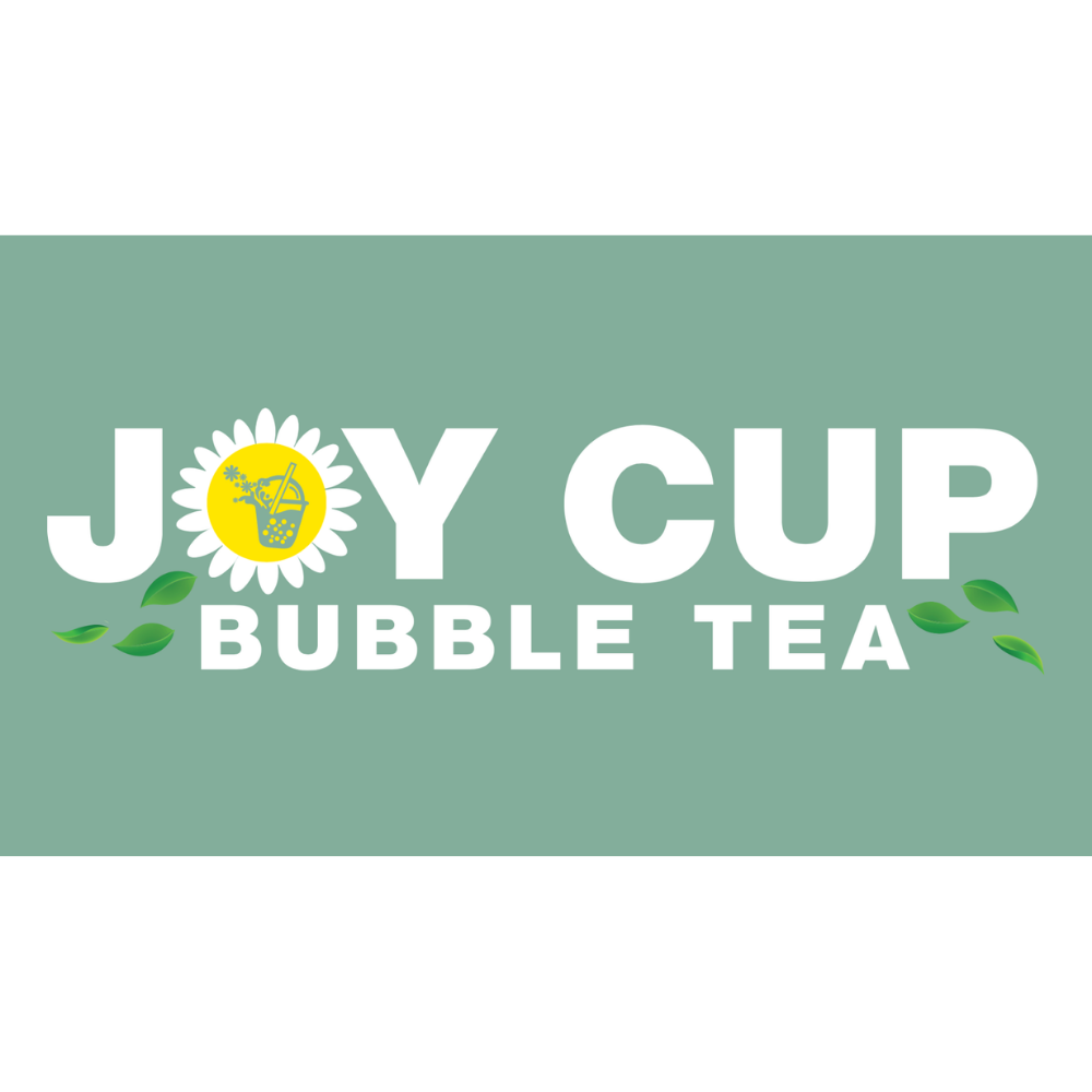 Joy Cup Bubble Tea logo with a daisy flower and green leaves on a green background.