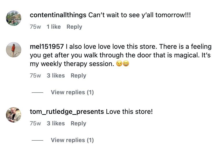 Facebook comments about a store, expressing love and excitement for it.