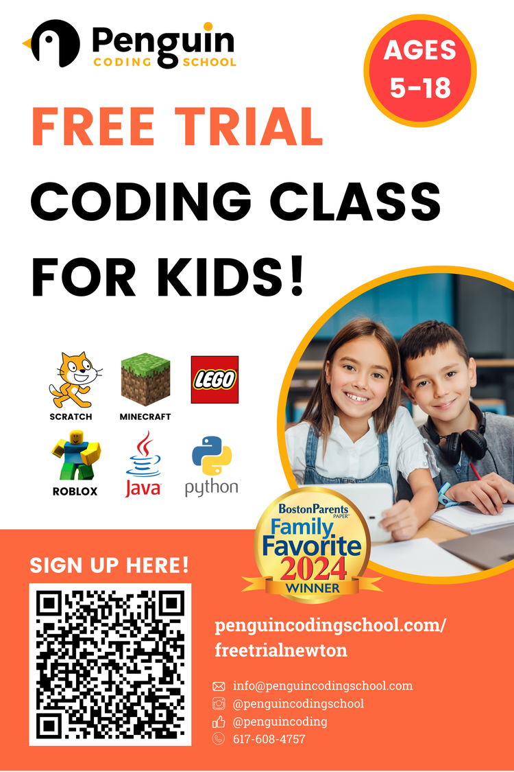 Flyer for Penguin Coding School offering free trial coding classes for kids ages 5 to 18, featuring icons for Scratch, Minecraft, LEGO, Roblox, Java, and Python, with a photo of smiling children, a QR code, and contact information.