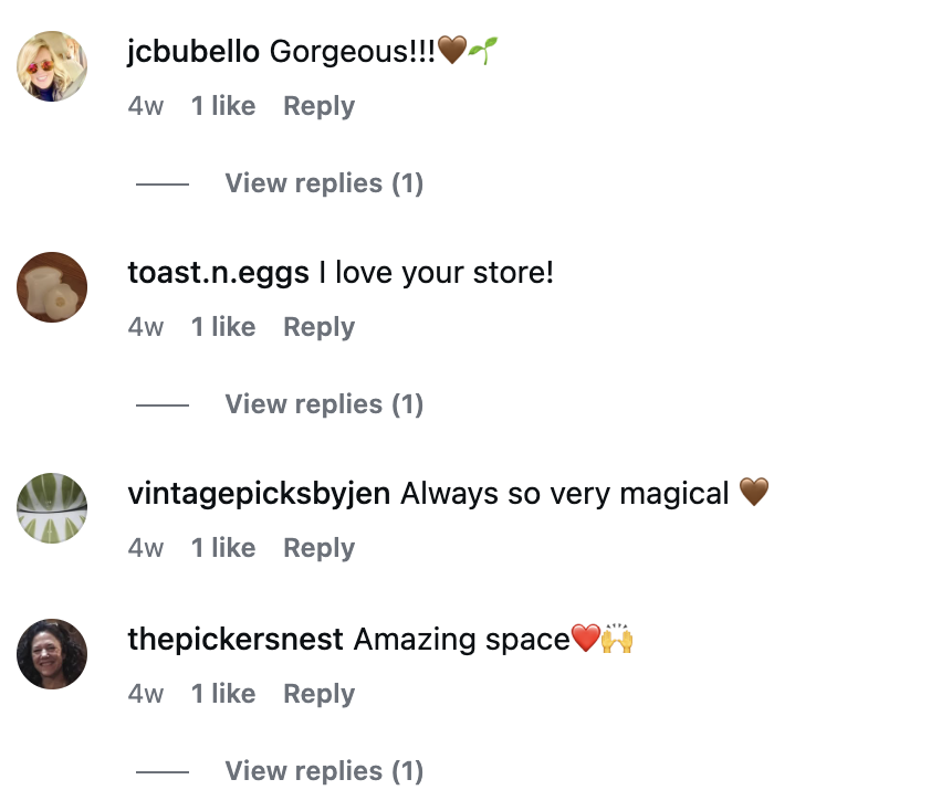 Comments on a social media post expressing admiration, love for a store, and appreciation of a space, with emojis like hearts, a plant, and a book.