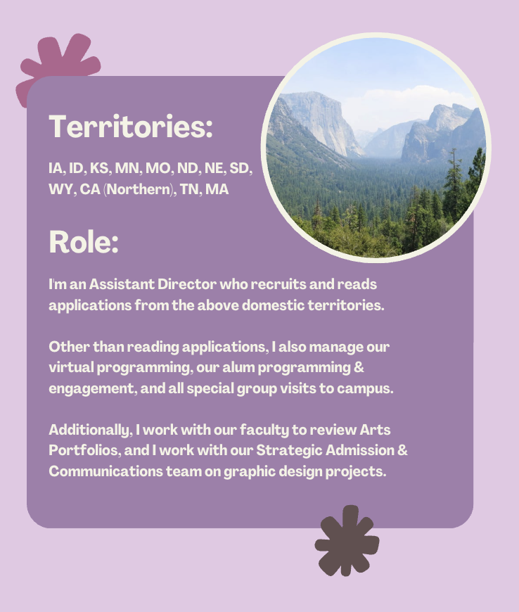 Text about U.S. states and roles of an Assistant Director, with a circular photo of a mountainous landscape with trees and a cloudy sky in the top right corner.