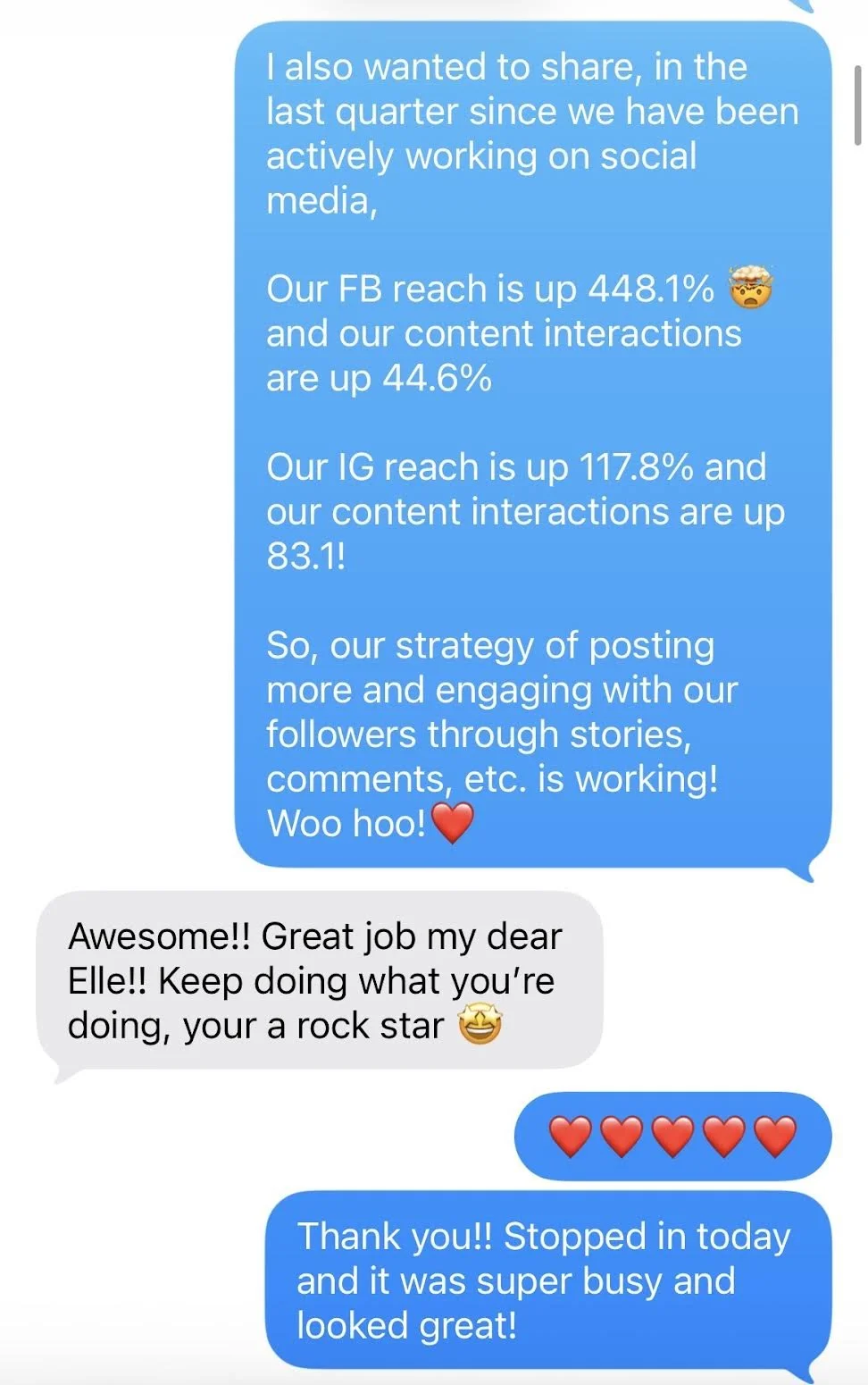 Screenshot of a chat conversation discussing social media growth statistics and encouragement.