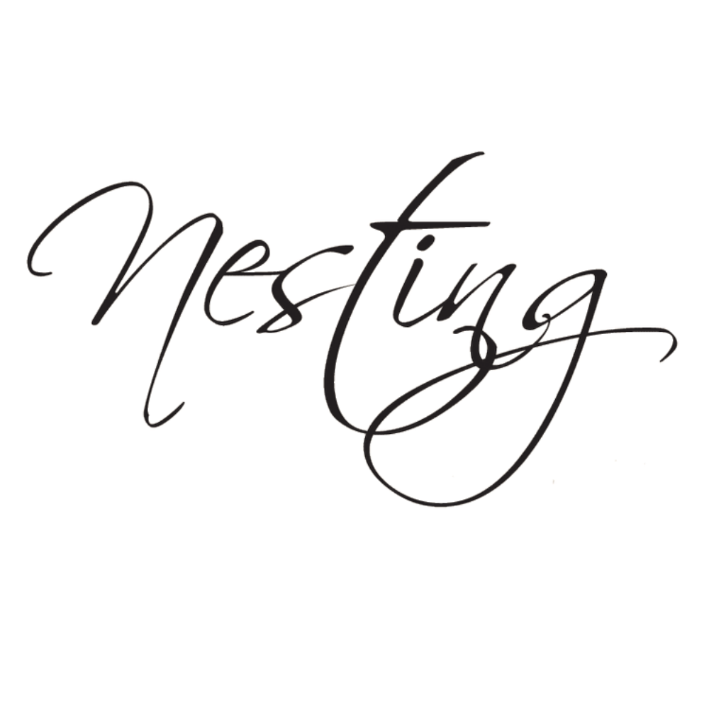 Stylized cursive text that says "Nesting" on a black background.