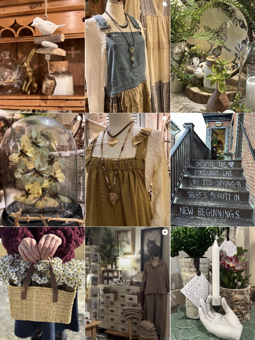 A collage of nine images showing various decorative and fashion items. These include a wooden shelf with hanging ornaments, a mannequin wearing a denim dress with necklaces, a garden scene with plants and butterflies, a display of yellow butterflies under a glass dome, a mannequin with a brown dress and heart necklace, an outdoor staircase with a motivational quote, a person holding a basket of daisies, an indoor display of clothing and decor, and a candle holder with pink flowers and handwritten notes.