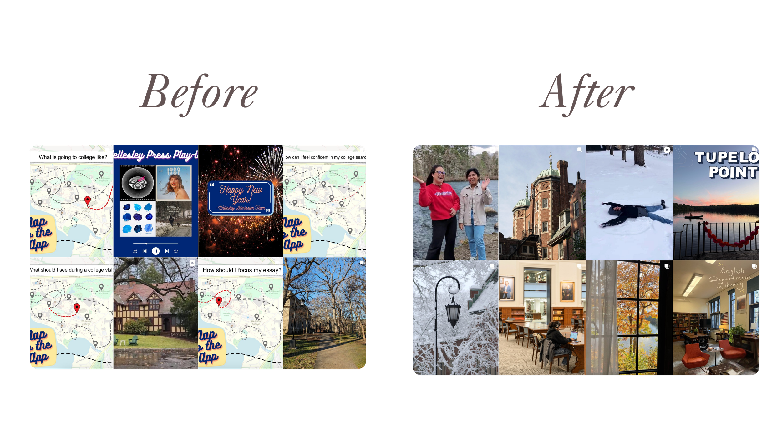 Comparison of two photo grids labeled 'Before' and 'After' showing different scenes and activities.