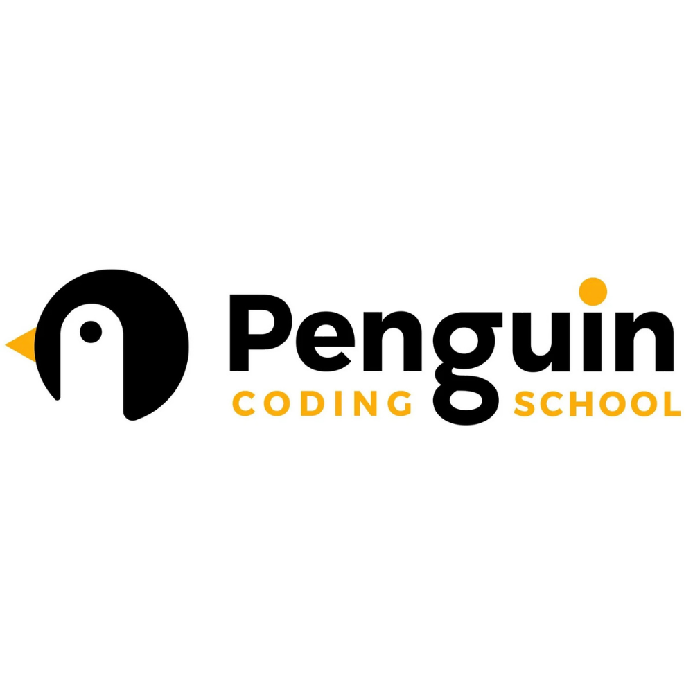 Logo of Penguin Coding School featuring a penguin face with a yellow beak and an orange dot on the letter 'i' in 'Penguin'.
