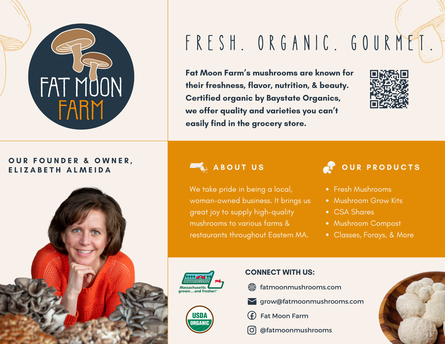 A colorful informational flyer for Fat Moon Farm featuring their logo with mushrooms, founder Elizabeth Almeida, a section about the farm's values, products like fresh mushrooms and mushroom grow kits, and contact information including website, email, social media, and USDA organic certification.