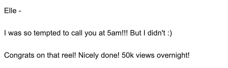 Text message conversation congratulating someone on 50k views and mentioning a call at 5am.