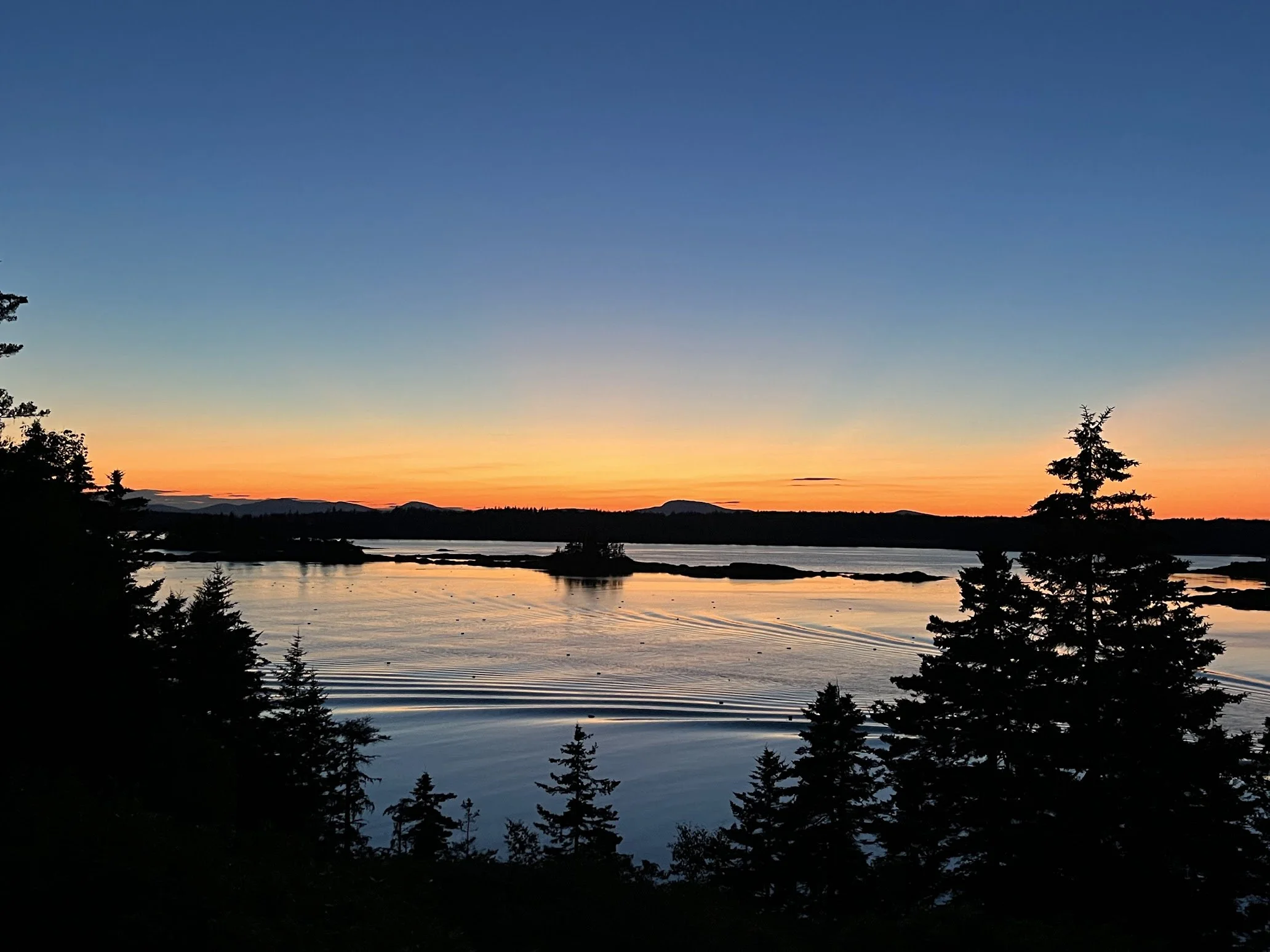 A serene sunset over a body of water with orange and blue sky, silhouetted trees, and gentle ripples on the water's surface.