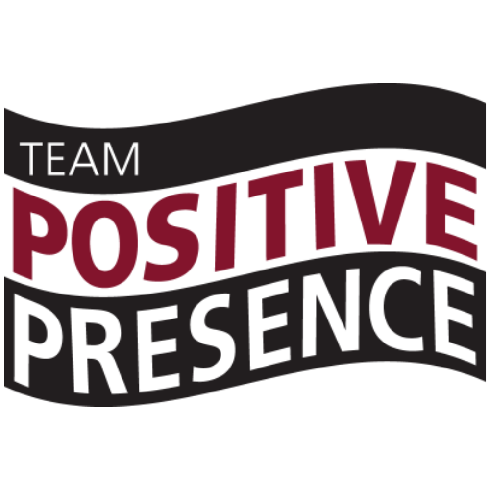 Logo of Team Positive Presence with black, white, and maroon text in a wave design.