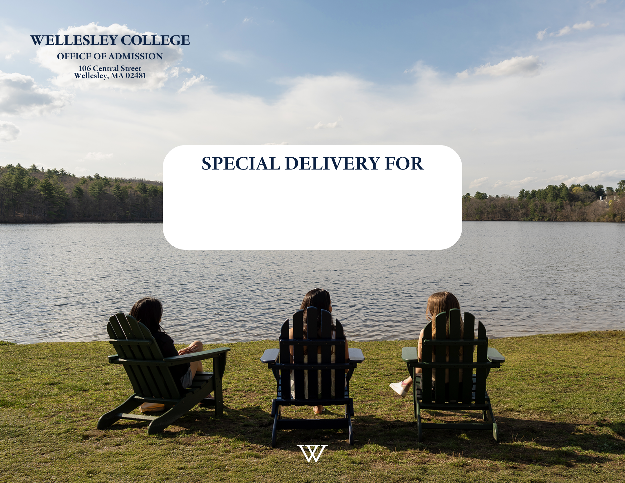 Three women sitting in Adirondack chairs facing a lake, with trees and cloudy sky in the background, on a grassy shore during daytime.