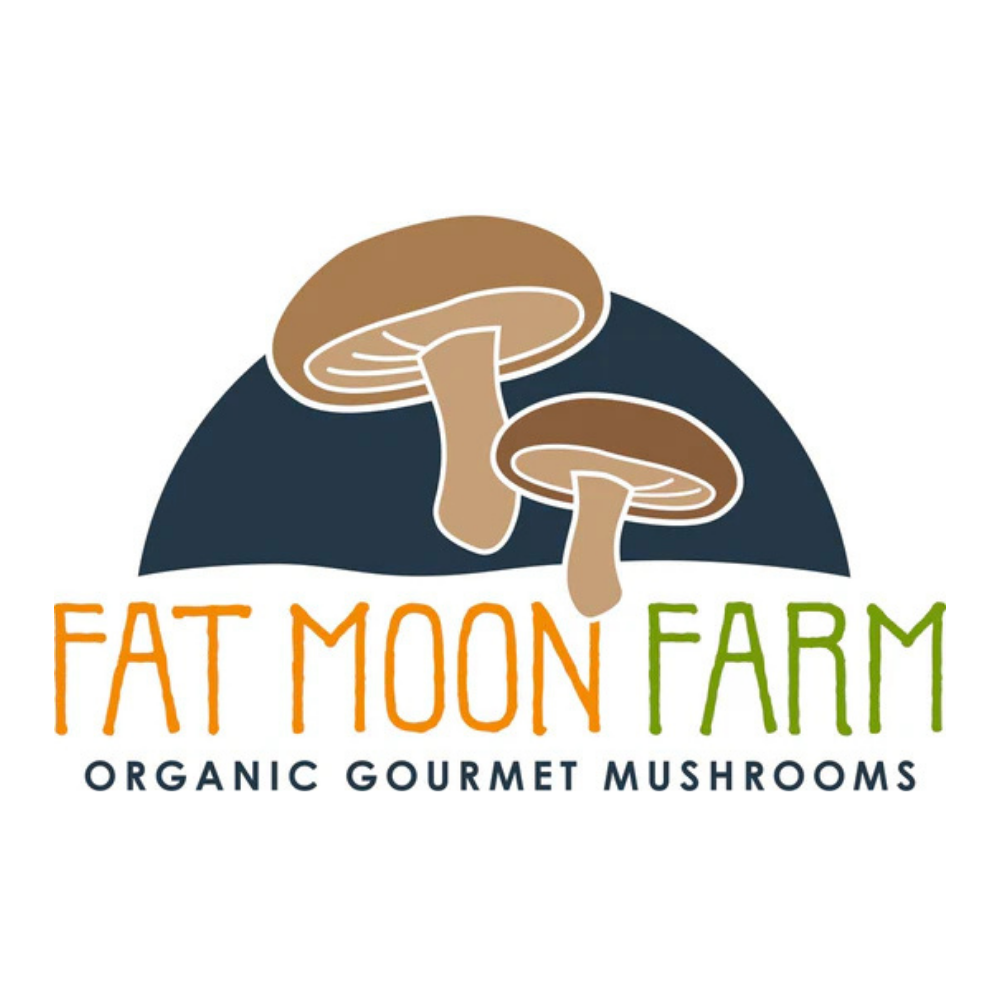Logo for Fat Moon Farm with illustrations of two mushrooms and text indicating it's an organic gourmet mushroom farm.