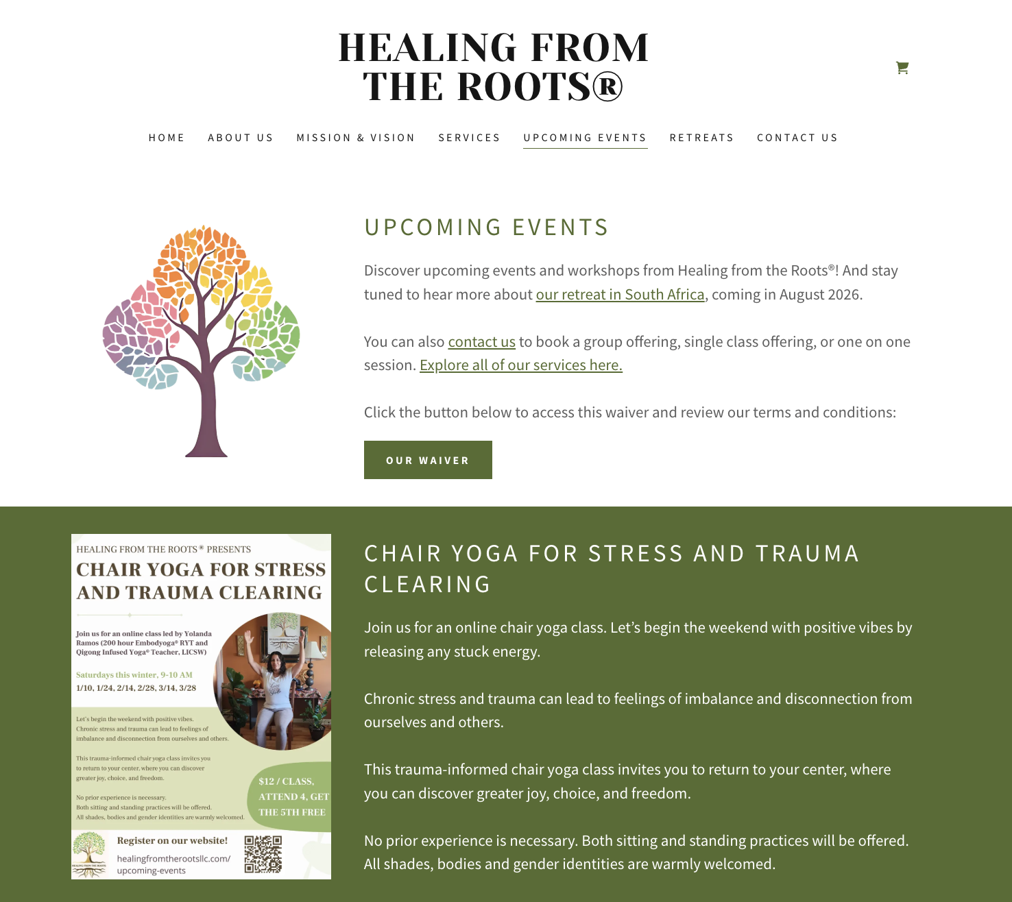 Website page for Healing from the Roots, featuring upcoming events, including a retreat in South Africa and an online chair yoga class for stress and trauma clearing, with titles, descriptions, and a colorful tree logo.
