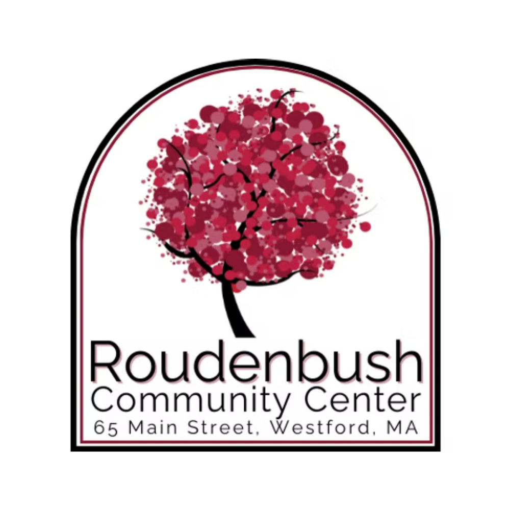 Logo for Roudenbush Community Center featuring a stylized pink and red tree and the address 65 Main Street, Westford, MA.