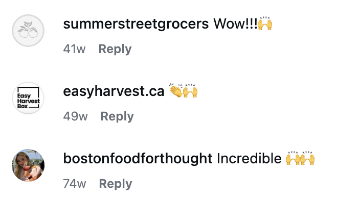Text-based comments about a product or service, including 'Wow!!!' with hands raised emojis, a website link 'easyharvest.ca' with clapping hands emojis, and a comment describing the product as 'Incredible' with multiple hands raised emojis.