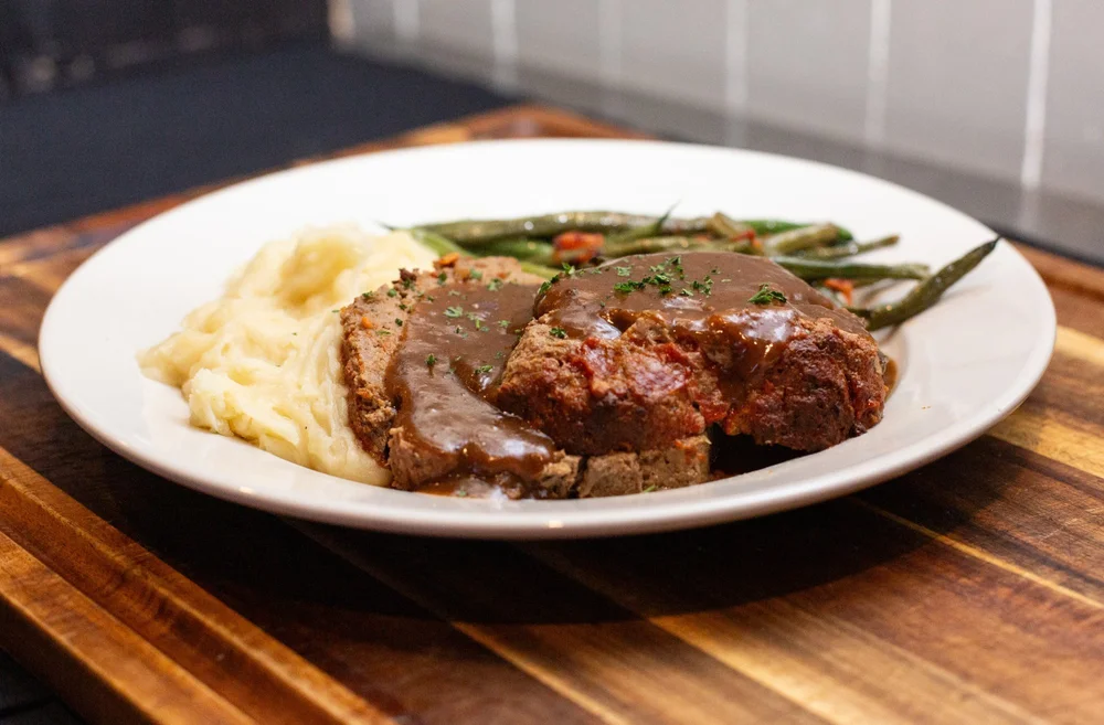 Tavern meatloaf with mashed potatoes and gravy at Windward Tavern in Alpharetta, Georgia