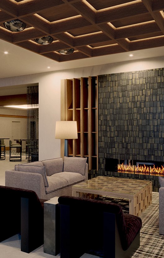 Modern living room with a beige sofa, a wooden coffee table, a fireplace, and a wooden ceiling design.