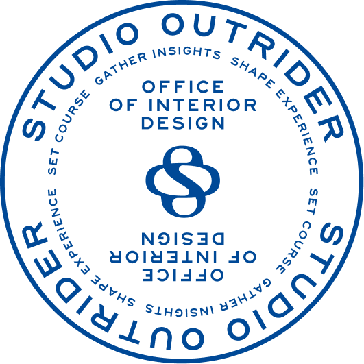 Circular logo for Studio Outrider, an Office of Interior Design, with a central abstract symbol, the agency's name, and surrounding words like 'Gather Insights' and 'Shape Experience'.