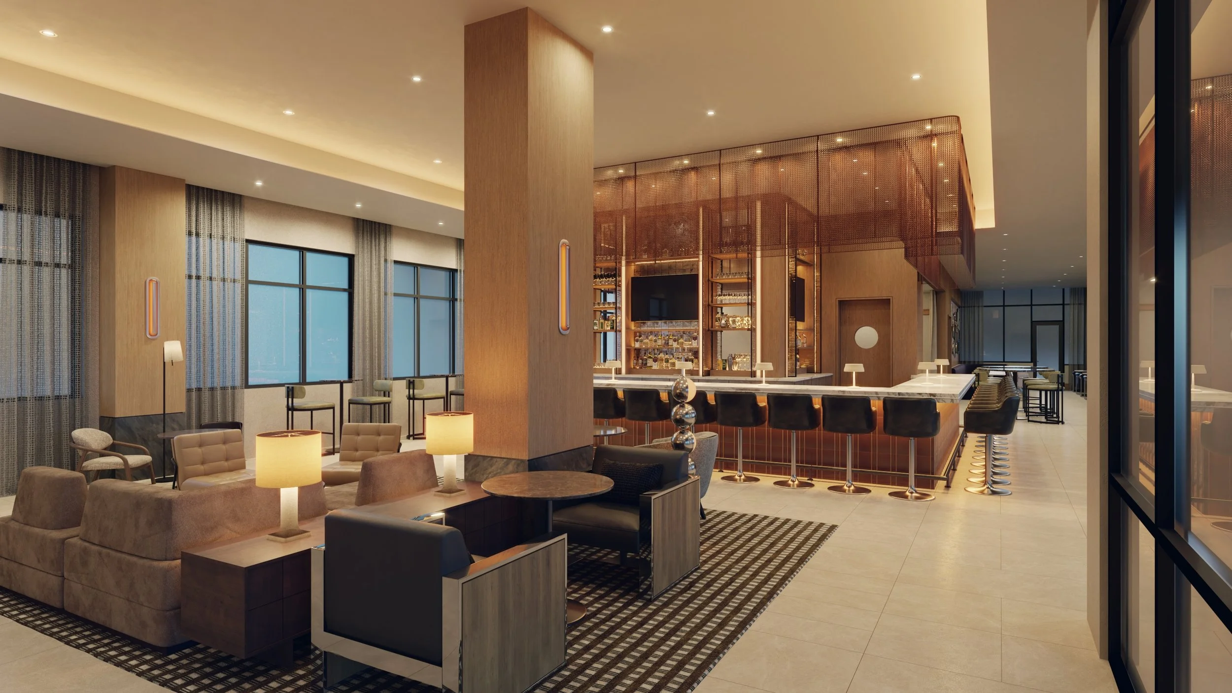 A modern hotel lobby featuring a bar area with black barstools, a white marble counter, and a wooden and copper mesh upper structure. The space has large windows with curtains, beige seating with lamps, and an overall warm and elegant ambiance.