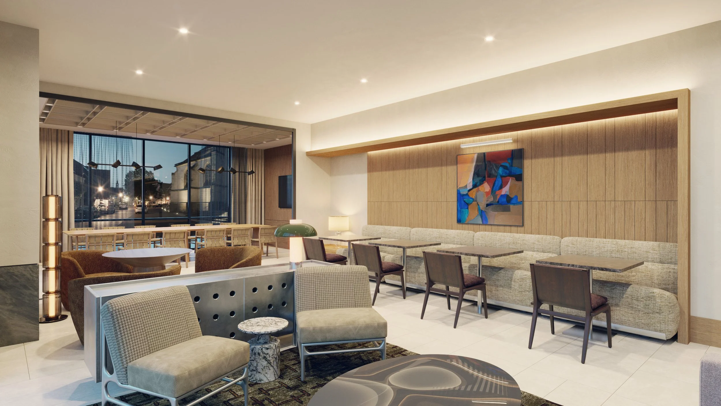 Modern hotel lobby with beige chairs, wooden wall panel, abstract painting, large window with city view, and warm lighting.