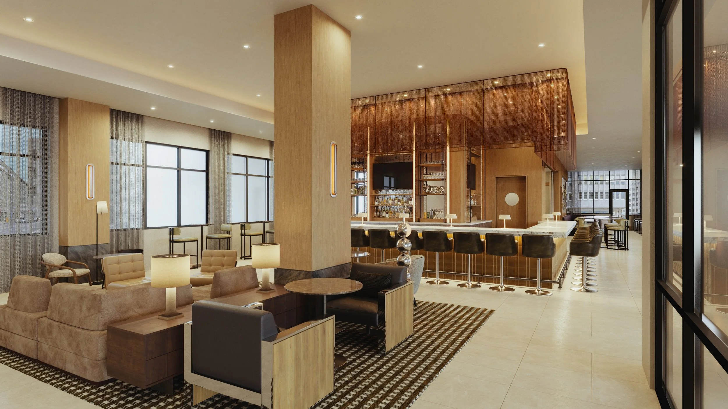 Interior of a modern, well-lit hotel lobby with seating, a bar area with barstools, large windows, and contemporary decor.