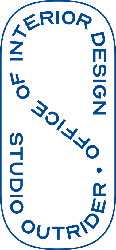 Vertical logo with the text 'Office of Interior Design' and 'Studio Outrider' in blue, arranged in a stylized oval shape.