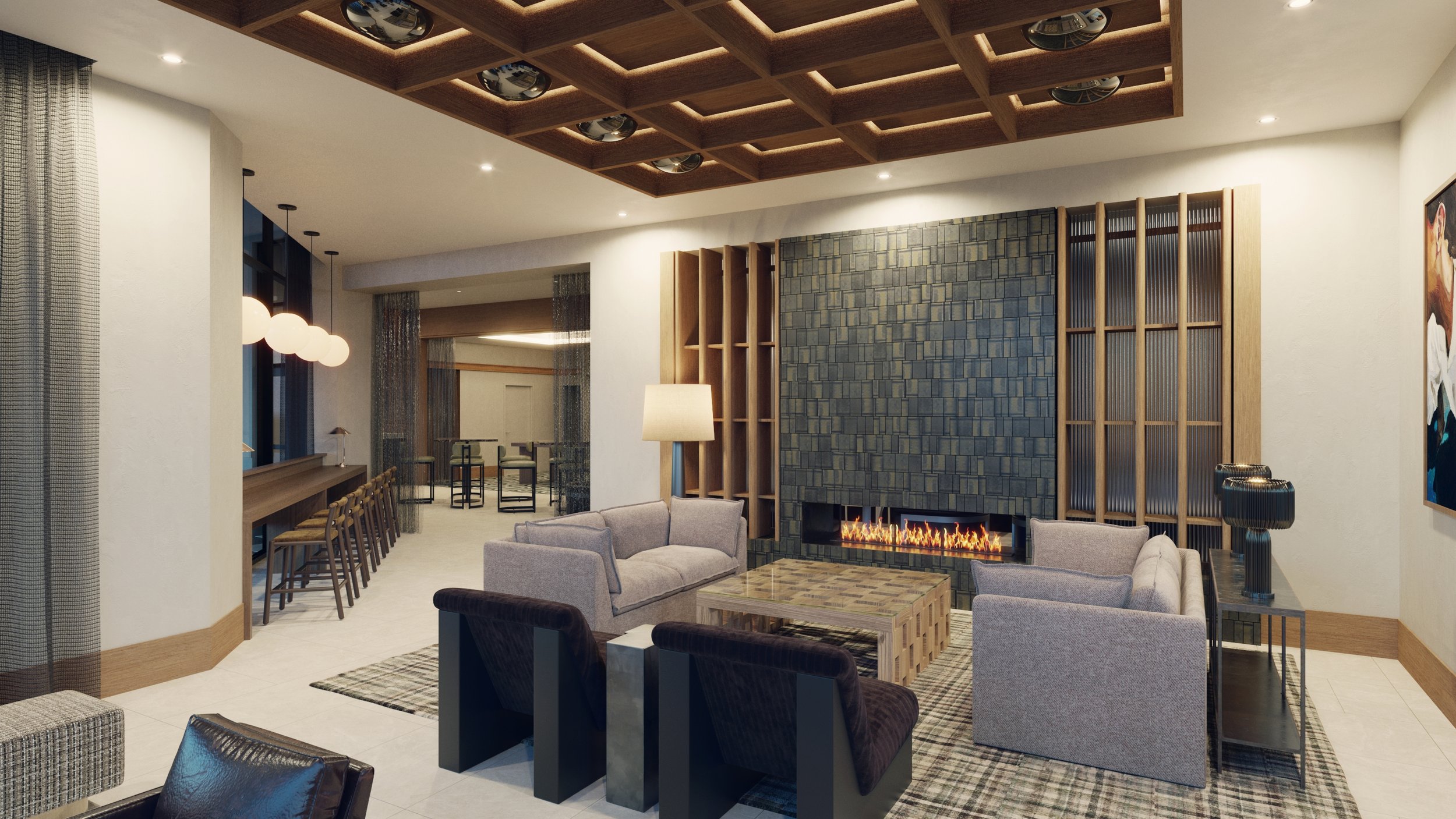 Modern living room with a fireplace, gray sofas, wooden ceiling accents, and a bar area in the background.