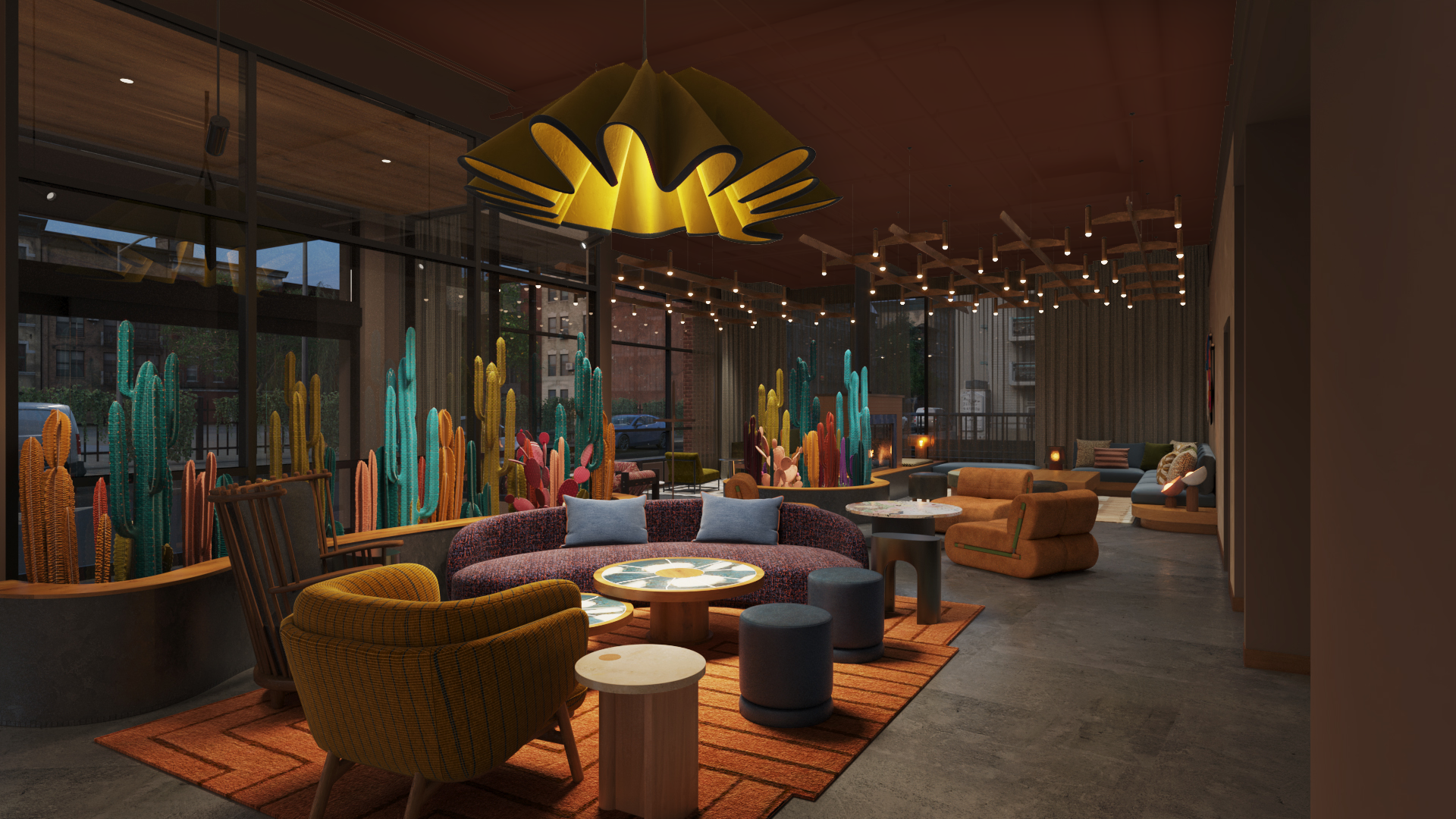 Interior of a modern lounge or hotel lobby featuring colorful cactus-like sculptures, eclectic furniture including armchairs, sofas, and small tables, warm lighting, large windows with city view, and wooden ceiling accents.